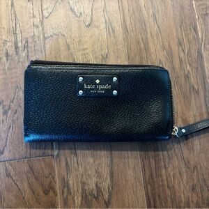 kate spade Black Pebbled Leather Zip Around Wallet with Gold Accents